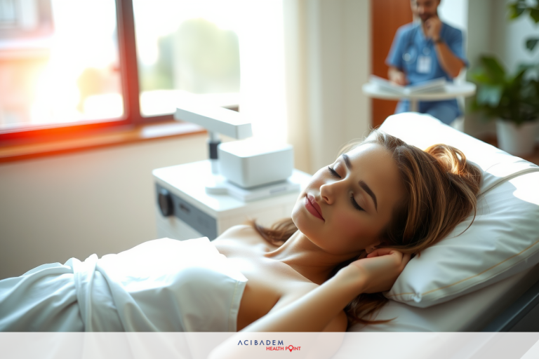 How Much Does Rhinoplasty Cost in Dallas A woman lying on a hospital bed, wearing white and wrapped in a blanket. She appears to be resting with her eyes closed.