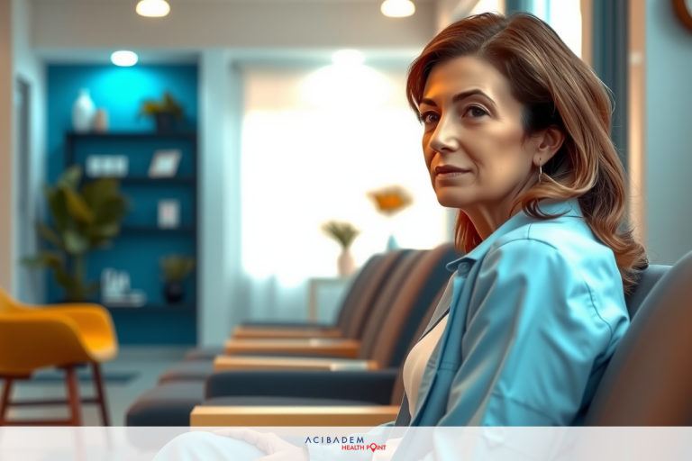 A woman in a medical gown is seated at the end of a room with multiple chairs, waiting. The room has blue walls and decorative elements such as potted plants and artwork.