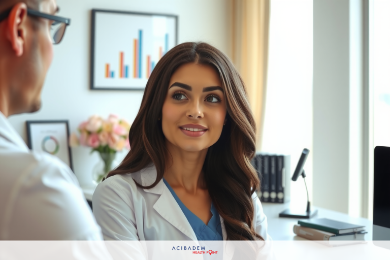 The image shows a professional setting with two individuals engaged in conversation. The person on the right appears to be a medical or healthcare professional, possibly a doctor or nurse, dressed in a white coat and wearing scrubs.
