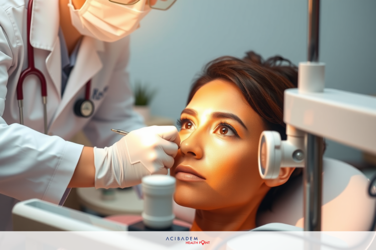 In a clinical environment, a medical professional in protective gear is performing an examination on a patient's face using a medical device. The patient is seated and appears calm.