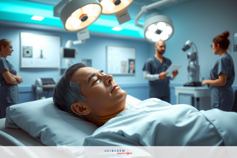 The image depicts a hospital setting with medical staff attending to a patient who is lying on an operating table. The patient appears to be awake and possibly undergoing surgery, given the context of the scene.