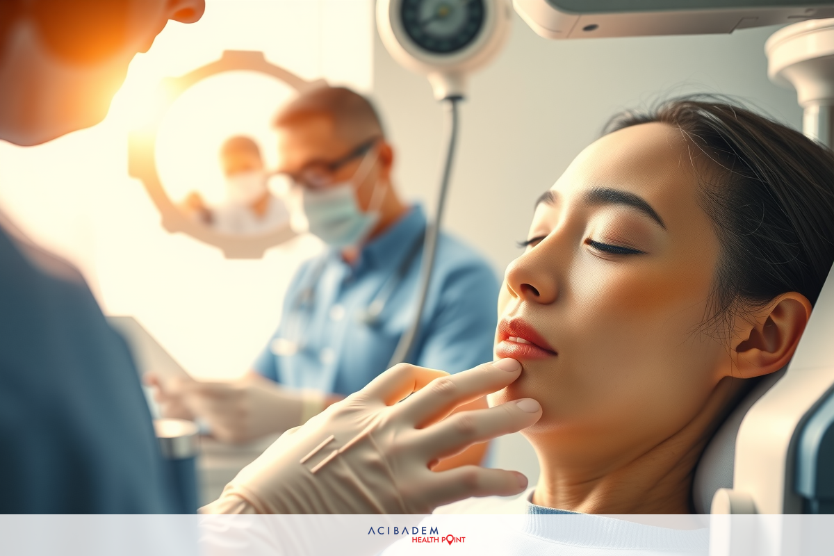 The image depicts a medical examination setting, with two healthcare professionals wearing surgical masks attending to a patient lying on an exam table.