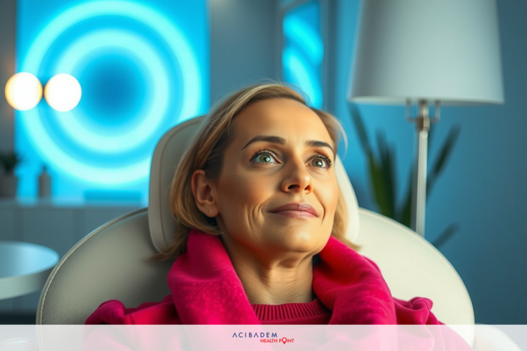Woman relaxing in a modern, high-tech environment. She's sitting in a chair with her eyes closed, possibly enjoying some leisure time or meditation.
