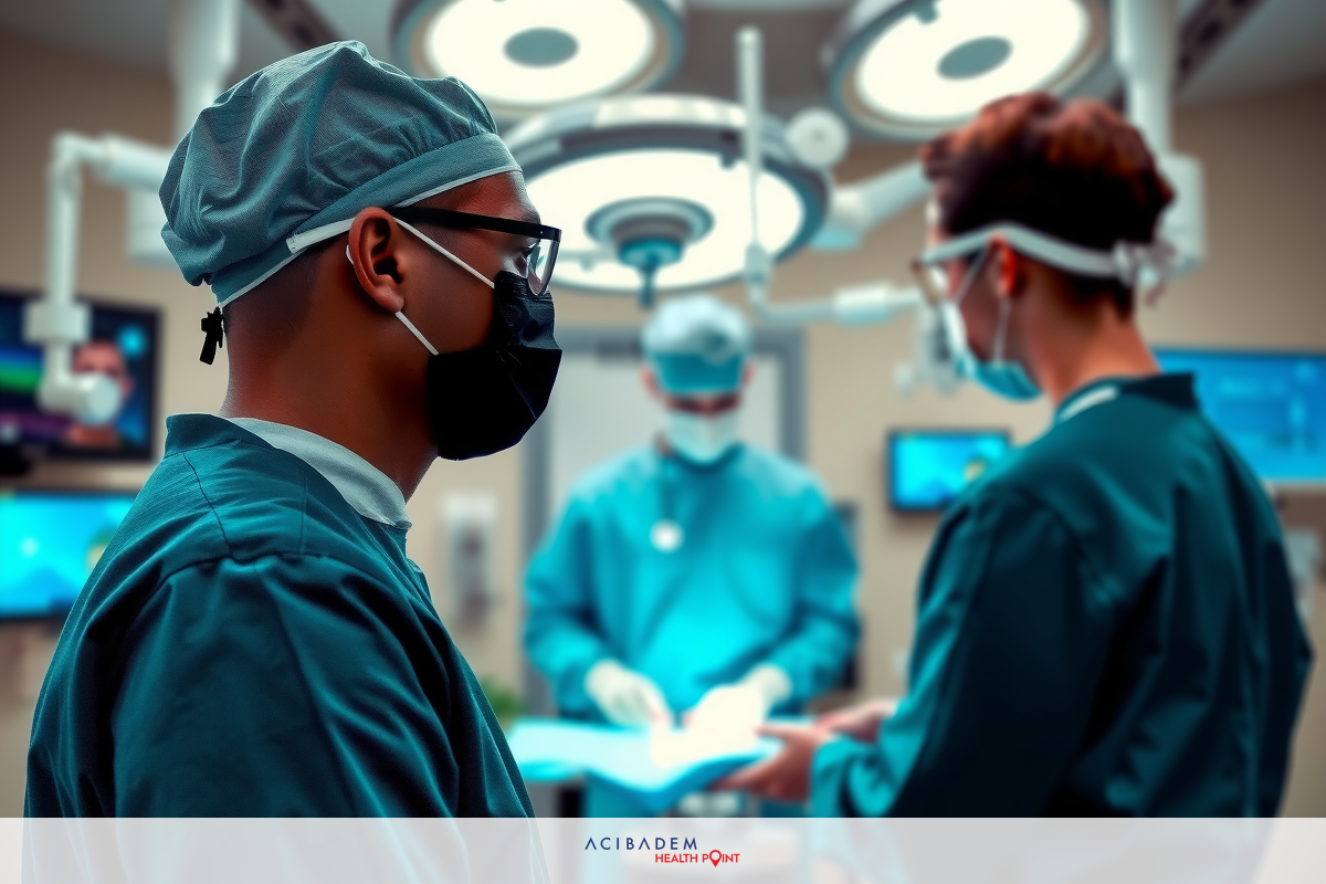 In a hospital setting, two surgeons in full medical gear stand at the head of an operating table. The table is equipped with surgical instruments and monitors that track vital signs during surgery.