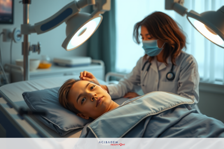 What Are The Negative Effects of Laser Eye Surgery? Two individuals in a medical setting, with one lying on an examination bed and the other standing over them wearing a medical outfit.