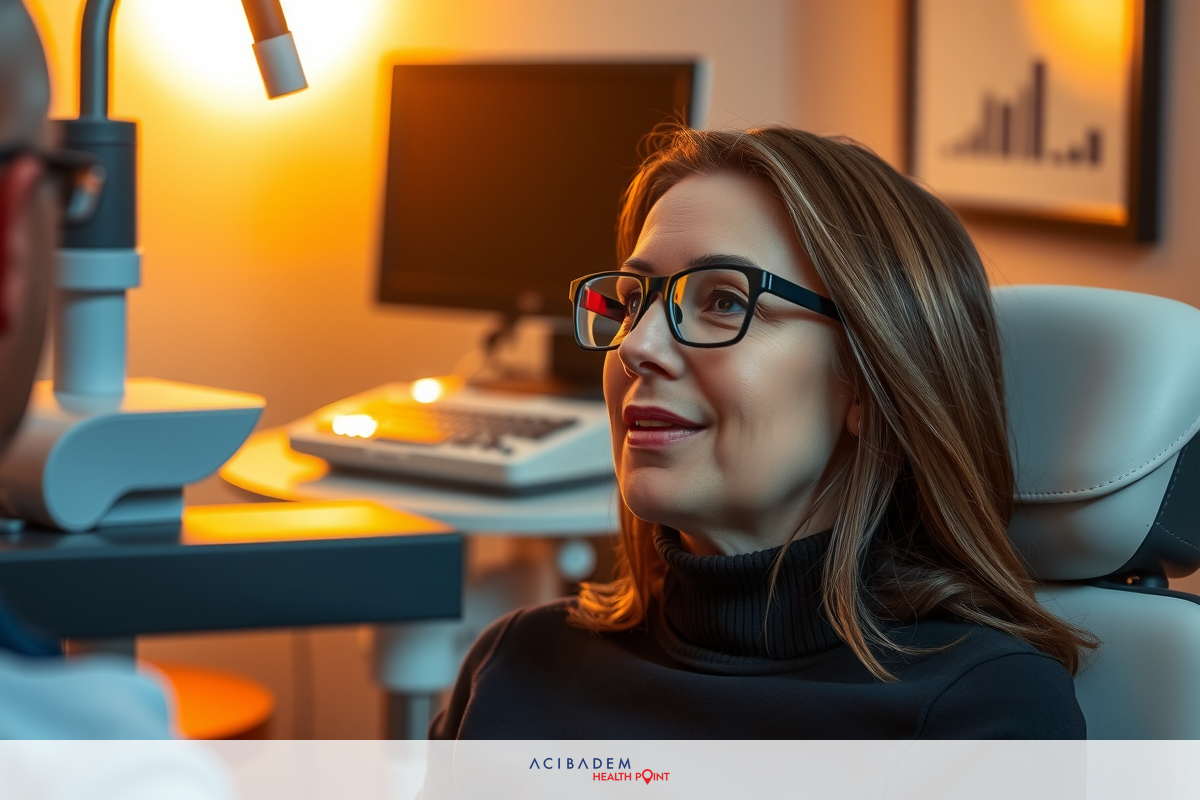 An optician examining a woman's eyes with a digital slit lamp, in a brightly lit clinic setting.