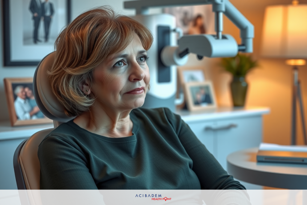 Can I Get Laser Eye Surgery a Second Time? The image shows a middle-aged woman seated in what appears to be a medical office chair. She is wearing a black top and has a serious expression on her face, looking slightly away from the camera towards the left side of the image.
