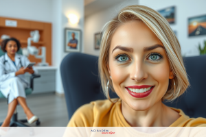 The image depicts a professional environment, possibly an office or clinic. There are two women present: one seated at the desk behind a computer, and another standing in front of the camera with a confident expression, smiling broadly and looking directly at the viewer.