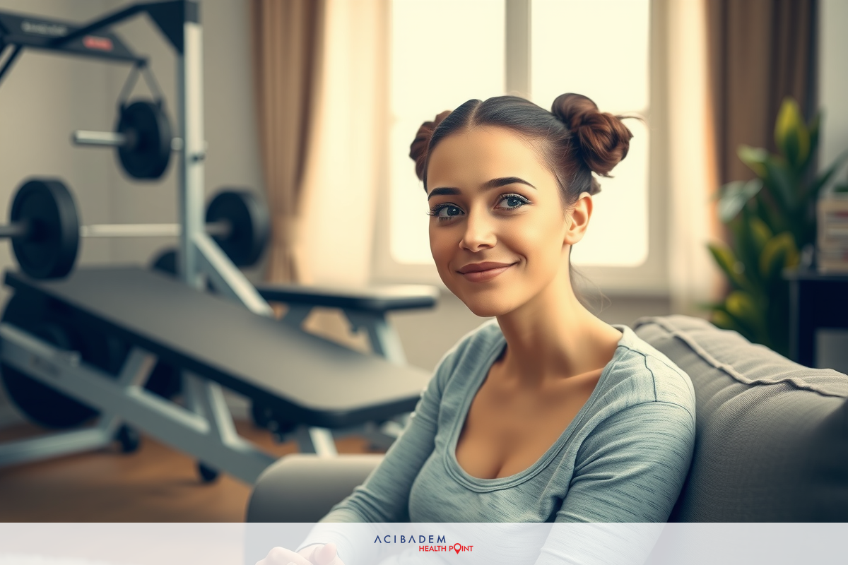 The image features a young woman seated on a couch in what appears to be a living room or gym setting.