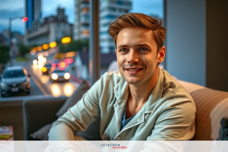 The image shows a man sitting indoors, likely in an urban setting given the window view of city lights. He is smiling and appears to be engaged in a conversation or enjoying a moment.