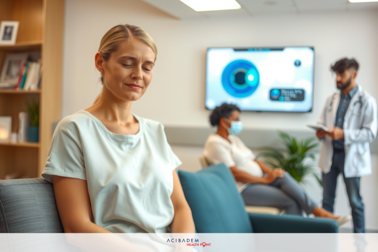 The image depicts a medical office setting with a female patient in the foreground wearing a white gown, looking upwards. In the background, a male healthcare professional is standing and appears to be examining her.