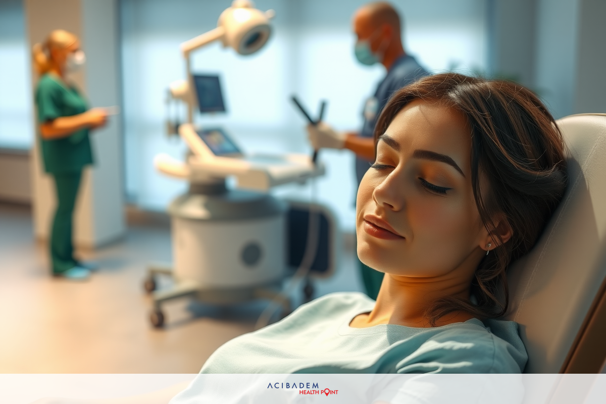 The image shows a hospital setting with medical professionals performing an examination on a patient. The focus is on the woman lying down, possibly receiving a procedure or having her vitals monitored by the medical staff in the background.