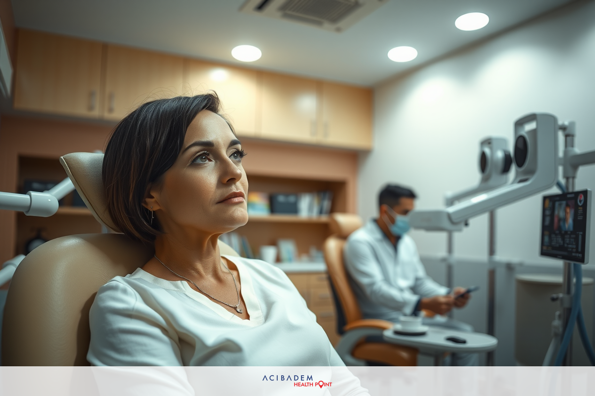 In a dental office setting, a woman with short hair is seated in the medical chair. She has a look of concern on her face.