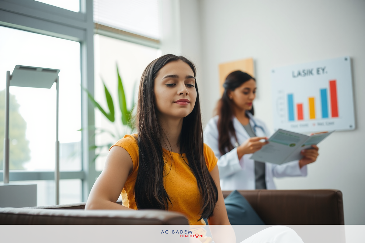 In an office environment, a woman is seated with her eyes closed, possibly resting or deep in thought. Beside her stands another woman wearing a medical coat, suggesting she might be a doctor or healthcare professional providing care or advice.