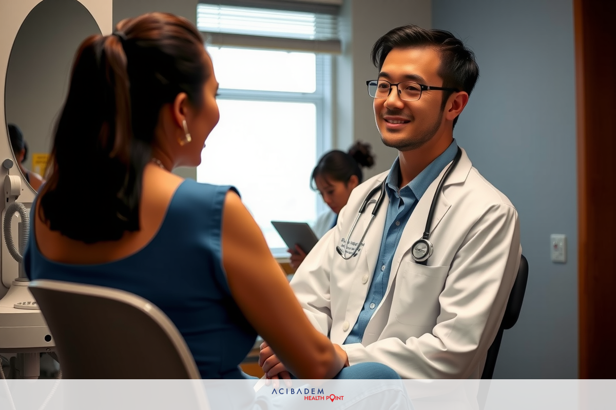 A woman is seen smiling and speaking with a man who is seated. The man is wearing a white coat, indicating his profession as a medical doctor.
