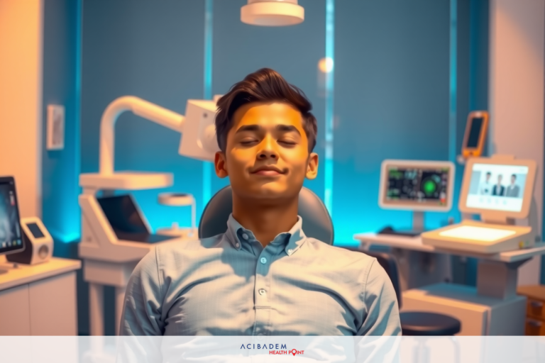 How is LASIK Eye Surgery Performed? A man is sitting in a dental chair with his eyes closed, seemingly relaxed. The environment suggests a modern medical clinic with professional equipment visible around him.
