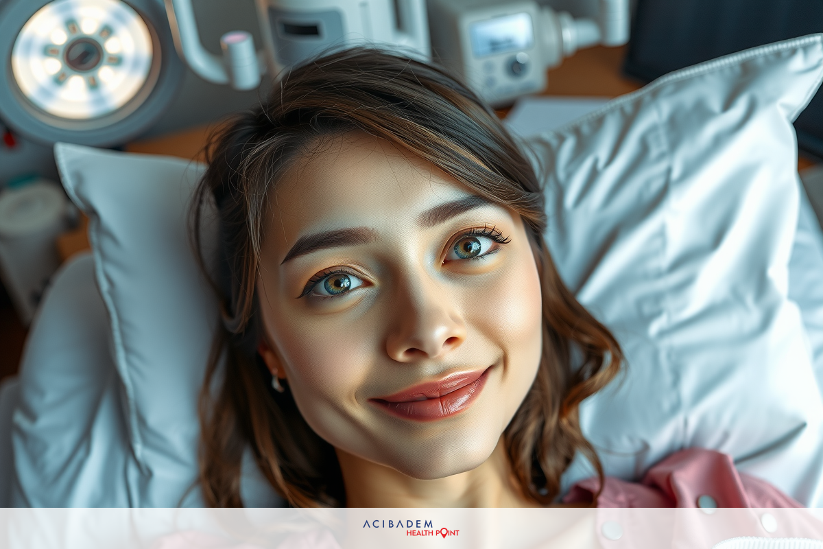 The image shows a woman lying in a hospital bed with medical equipment around her. She is smiling and appears to be undergoing a medical procedure or test.