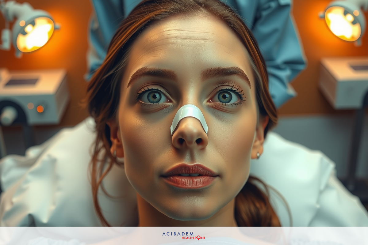 A woman receiving medical attention in a clinical setting, with her face looking slightly injured or post-surgery.