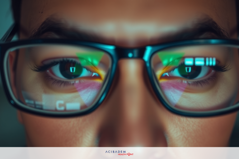 A man with glasses is looking into a digital camera, which captures his eyes in close-up.