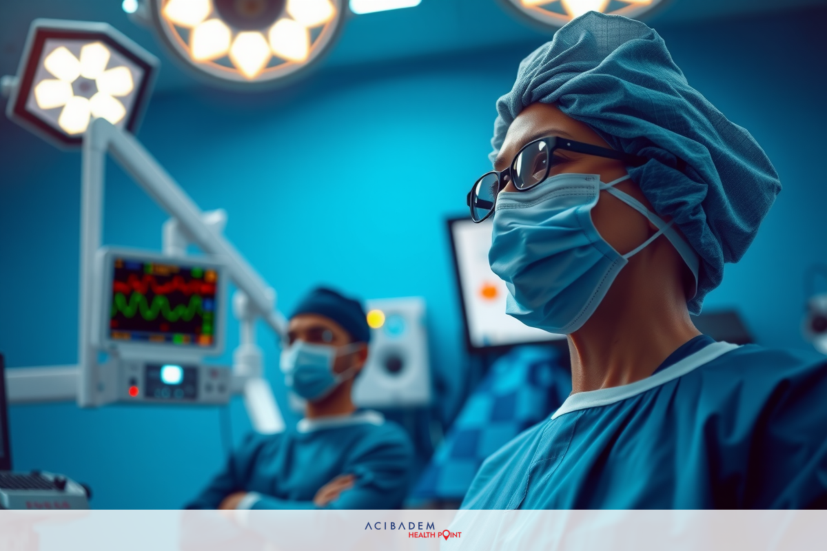 A medical professional wearing protective gear, including a mask and gloves, sits at the end of an operating table. A second person in surgical attire stands behind them, both appear focused on their tasks.