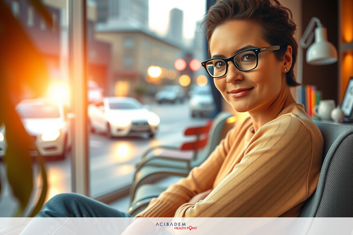 Young woman with glasses, sitting in modern office setting at a desk with city lights outside.