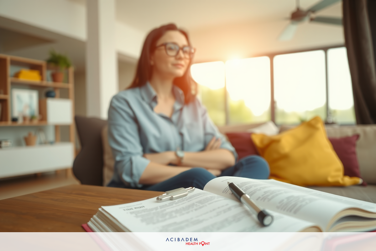 The image depicts a woman sitting on a couch with her legs crossed, wearing glasses and reading a book.