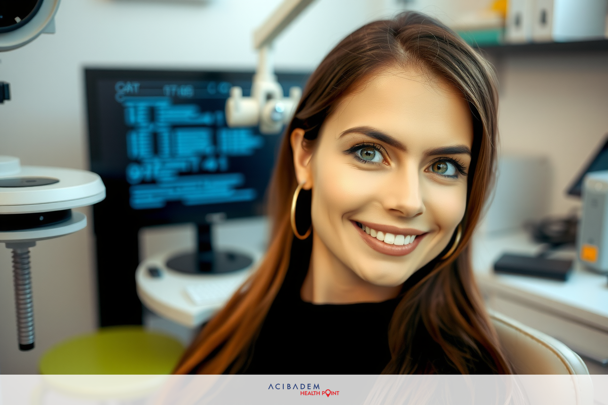 A young, smiling woman in a medical office setting. She is sitting in front of a large computer screen with medical images displayed on it.