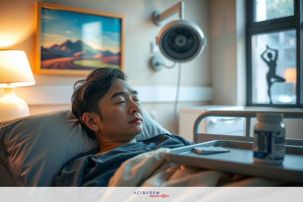 The image features a person lying in a hospital bed. The individual appears to be male, and he is looking directly at the camera with an expression of concern or worry on his face.