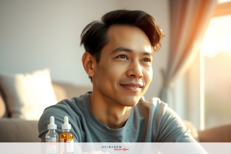 Do You Have to Use Eye Drops After LASIK? Smiling male Asian sitting on a couch, with sunlight streaming in, holding bottle of medicine. This image appears to convey a positive message about health and wellness.