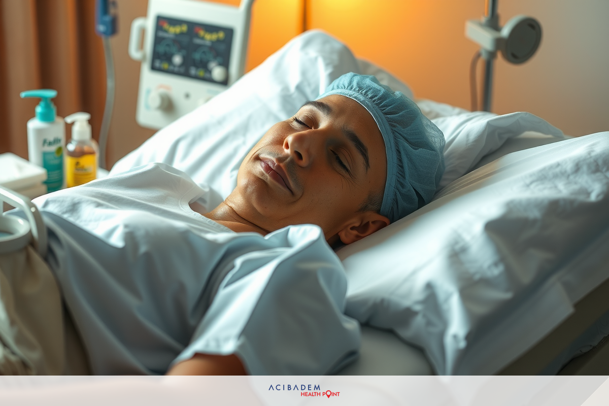 A woman in a hospital bed with medical equipment. She's wearing a surgical cap, indicating she is a patient and has undergone or is about to undergo surgery.