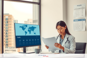 This is a professional office setting. A woman is seated at a desk with a computer monitor displaying some data on the screen. She is wearing business attire and appears to be analyzing documents or reports, suggesting she might be involved in a financial analysis or a similar task.
