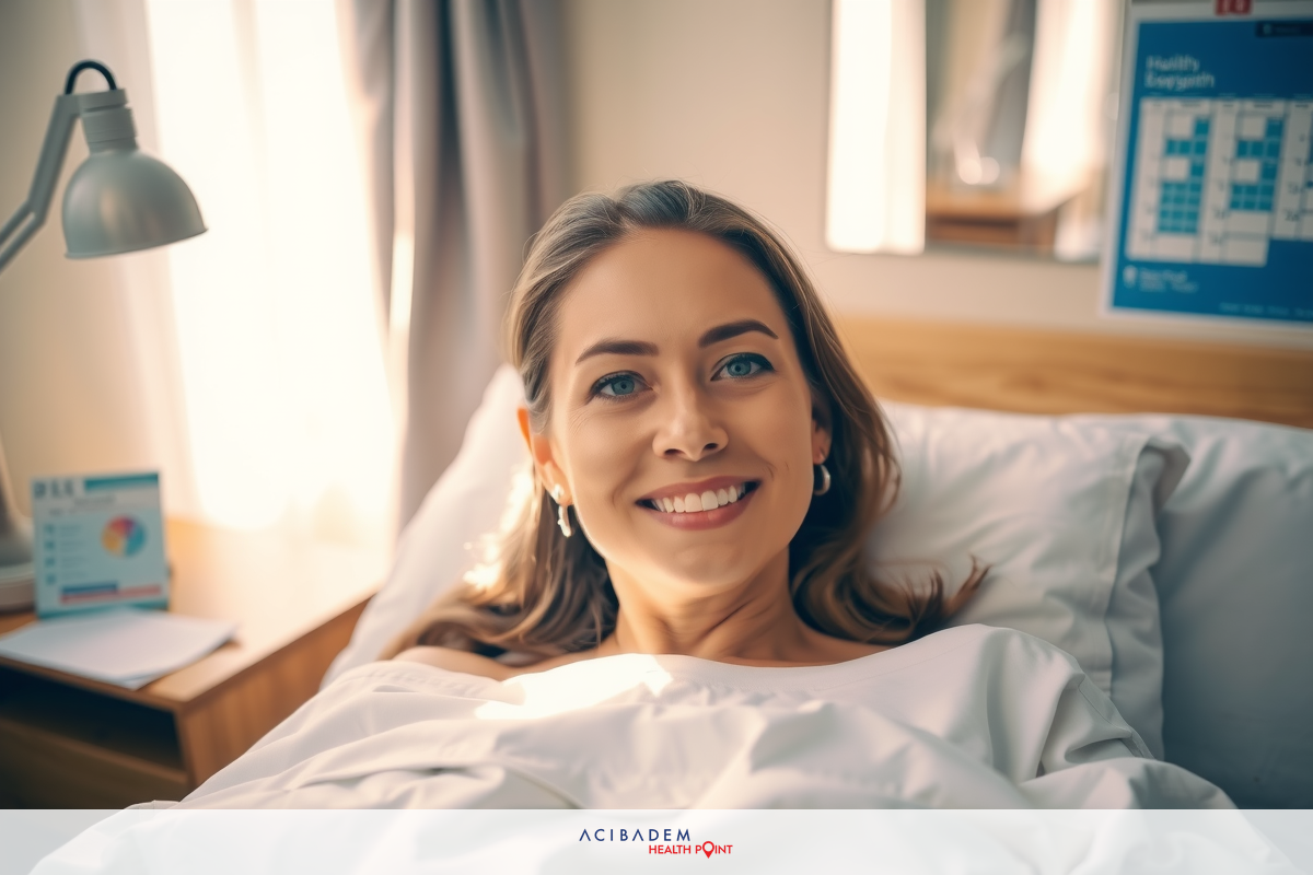 Woman in a hospital bed, smiling towards the camera, with warm lighting suggesting a pleasant environment. A desk lamp is on the table next to her bed.