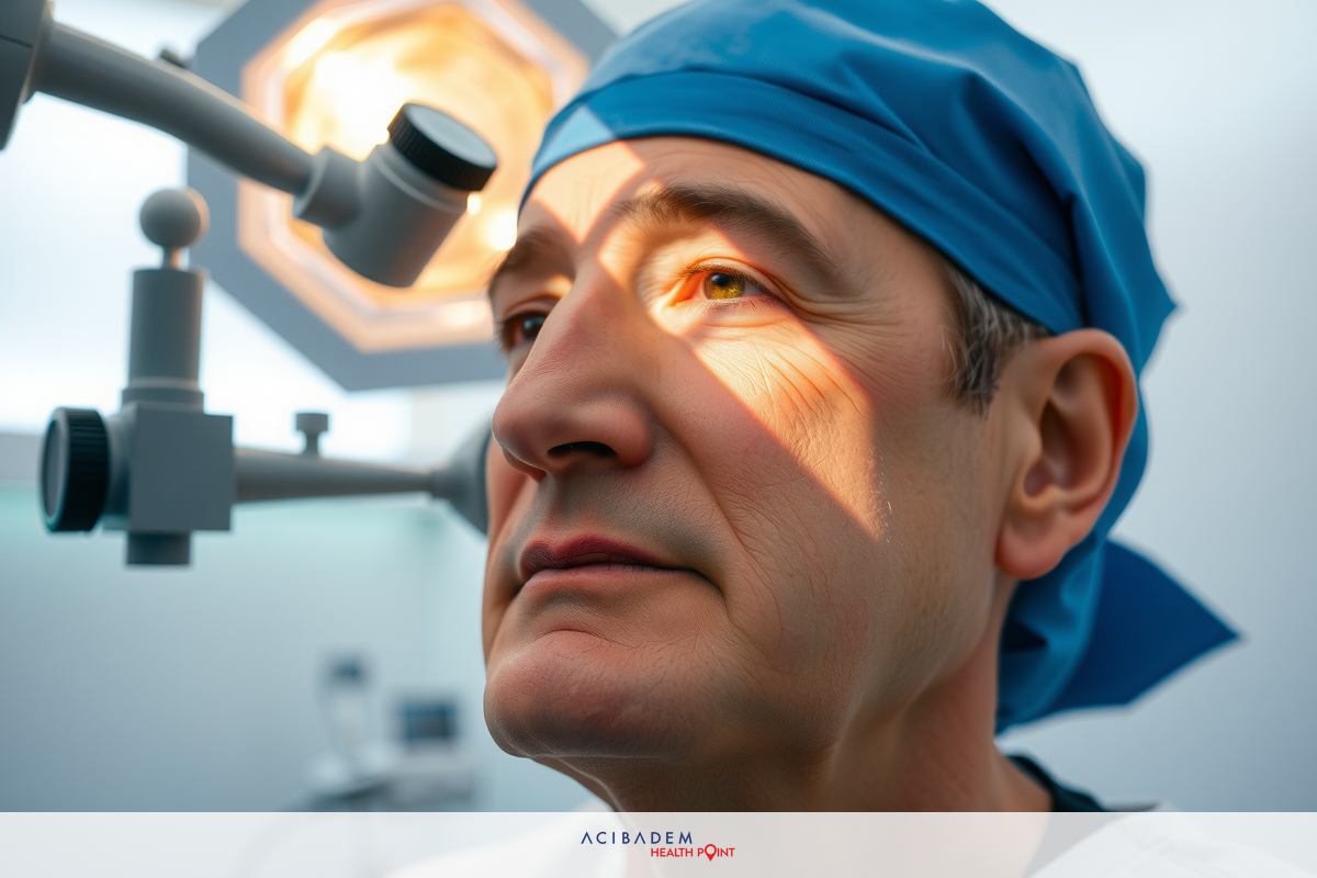 This image shows a man in a medical environment, likely a clinic. He is wearing surgical scrubs and a blue surgical cap, indicating he may be a surgeon.