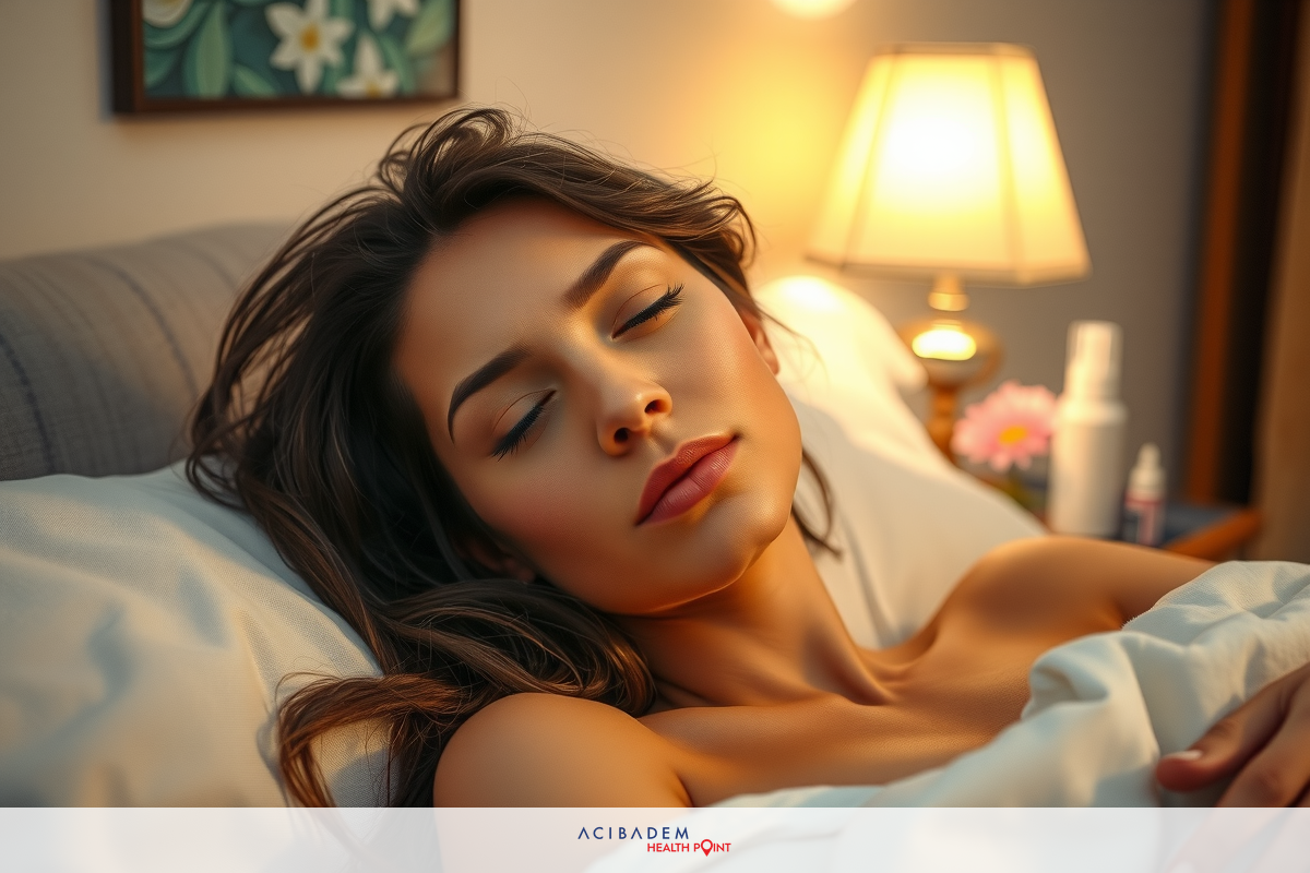 A young woman is sleeping peacefully in bed, surrounded by a serene and warm atmosphere with soft lighting. Her pose suggests she is relaxed and comfortable in her environment.