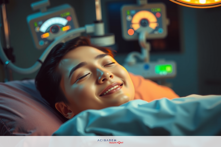 A young person is lying in a hospital bed with medical equipment, smiling and appears to be recovering well. The environment suggests a modern healthcare facility.