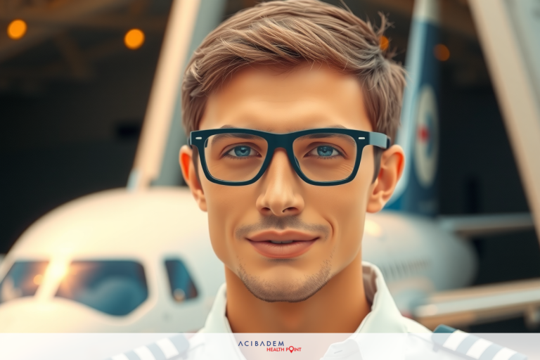 Can I Pass Pilot Medical with Laser Eye Surgery? Young male pilot wearing glasses, standing in front of an airplane.