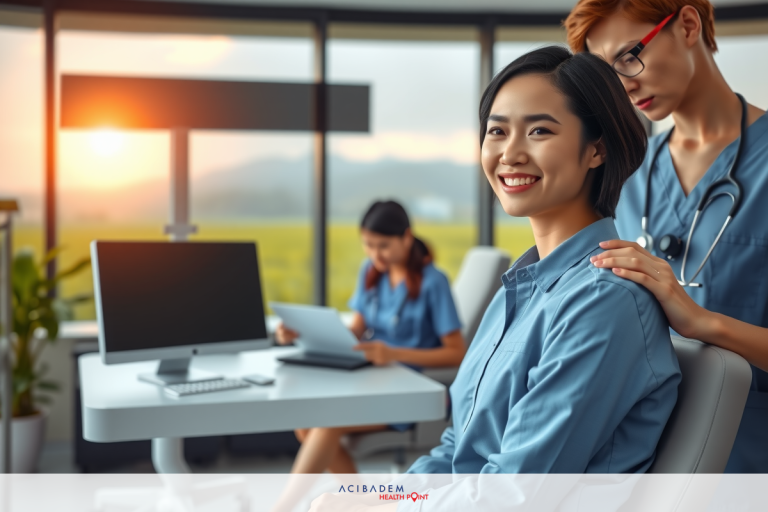 The image depicts a modern healthcare environment with multiple individuals, likely professionals in the medical field. A female patient is seated at a table equipped with a various medical-related items.