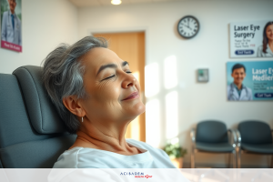 An older woman in a clinical environment, wearing white medical attire and sitting in an ophthalmic chair. She is relaxed with her eyes closed. In the background, there are posters related to eye care.
