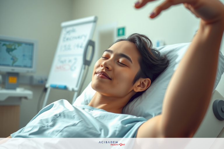 The image shows a person lying on a hospital bed with their arms stretched out. The room has medical equipment, and the individual appears to be in good spirits.