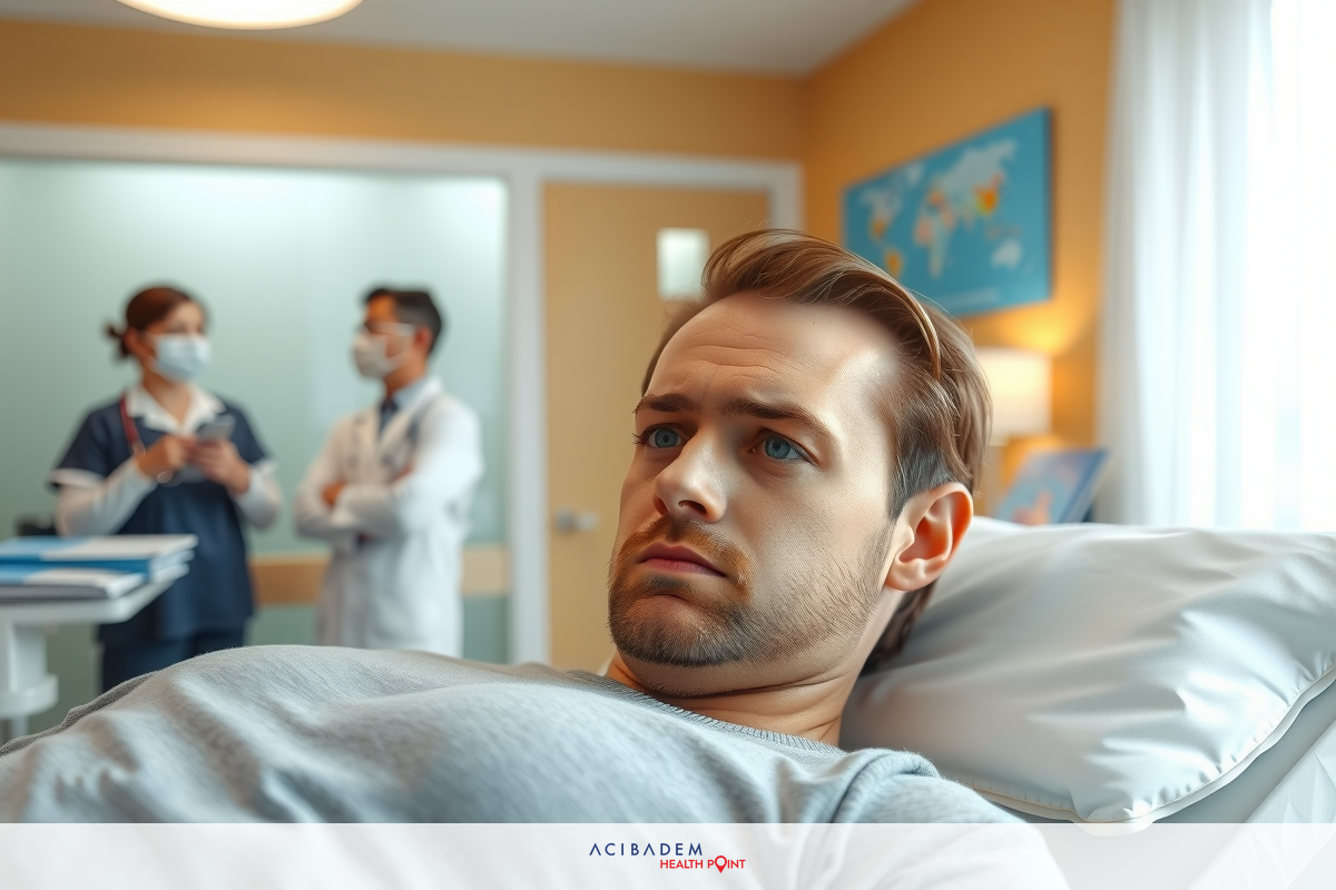 The image depicts a medical scene where a man is lying in a hospital bed. The room has an orange hue and the environment suggests a medical setting with a hospital bed, pillows, and what appears to be medical personnel standing nearby.