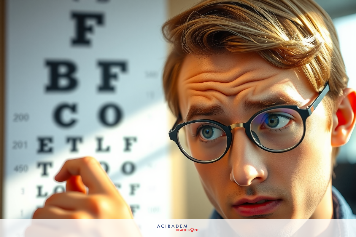 The image features a young man with glasses. He is in an indoor setting that appears to be a clinic or examination room. In front of him is a standard eye chart for vision testing.
