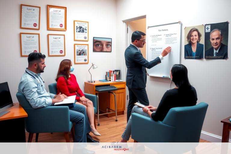 How Much Does Laser Eye Surgery Cost in Maryland? In a professional office environment, several individuals are engaged in a presentation. A man stands at the front of the room, explaining to colleagues seated on chairs. The meeting room has a whiteboard and framed certificates adorning the wall.