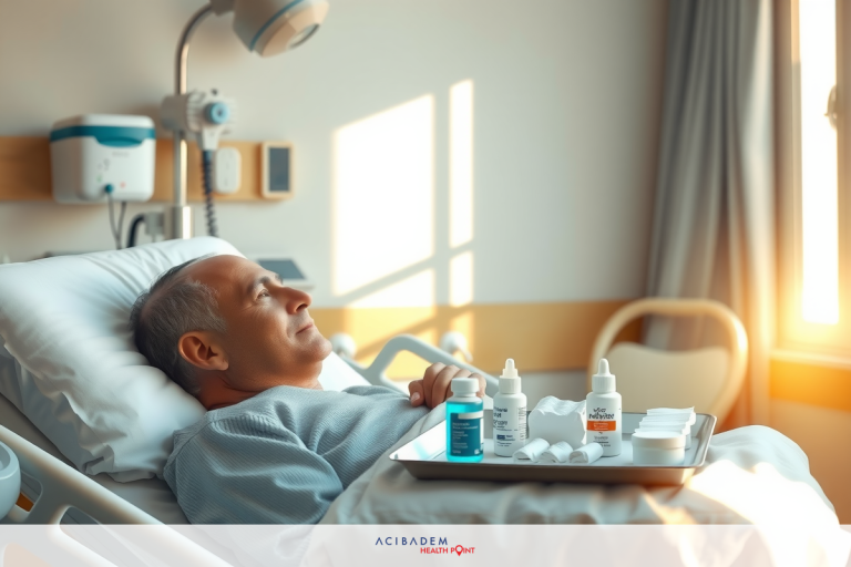 An older man is lying in a hospital bed. He appears to be awake and looking at the camera. There are medical supplies on the table beside him.
