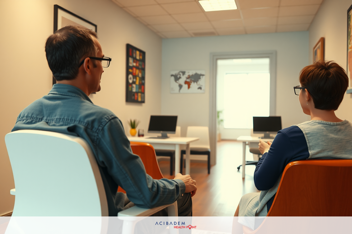 Two people sitting opposite each other at a table in an office. The man is wearing glasses and a denim jacket over a button-up shirt, the woman is wearing glasses and a grey sweater.