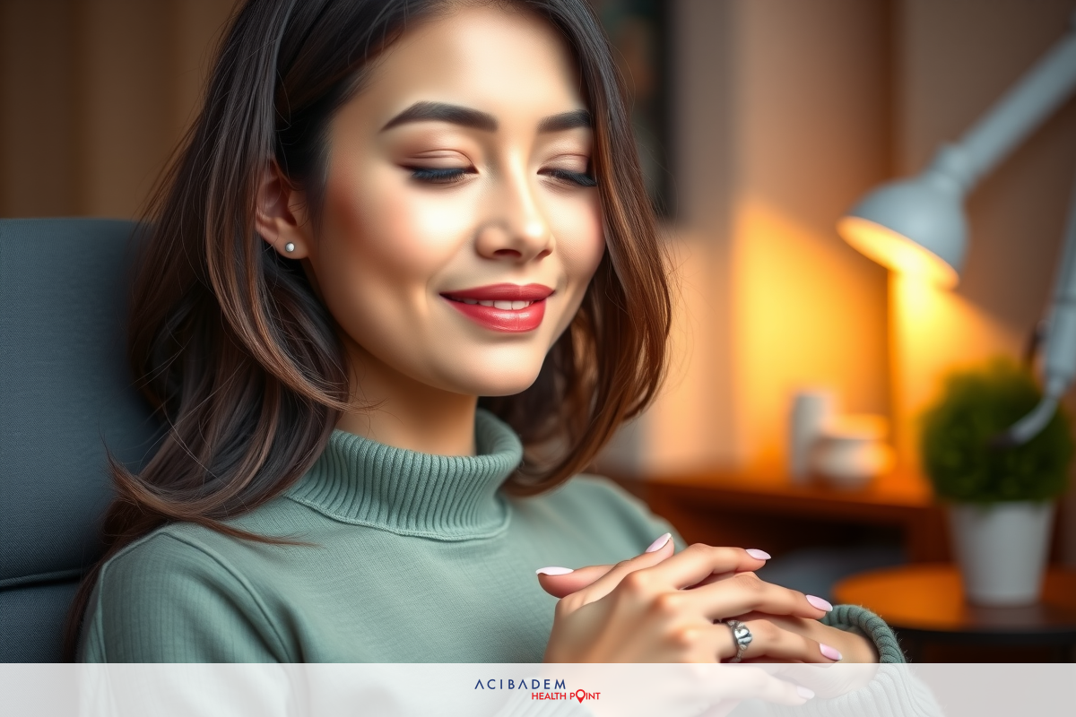 The image shows a woman sitting at a desk with her hands clasped together in front of her. She is wearing a green sweater and has long dark hair.