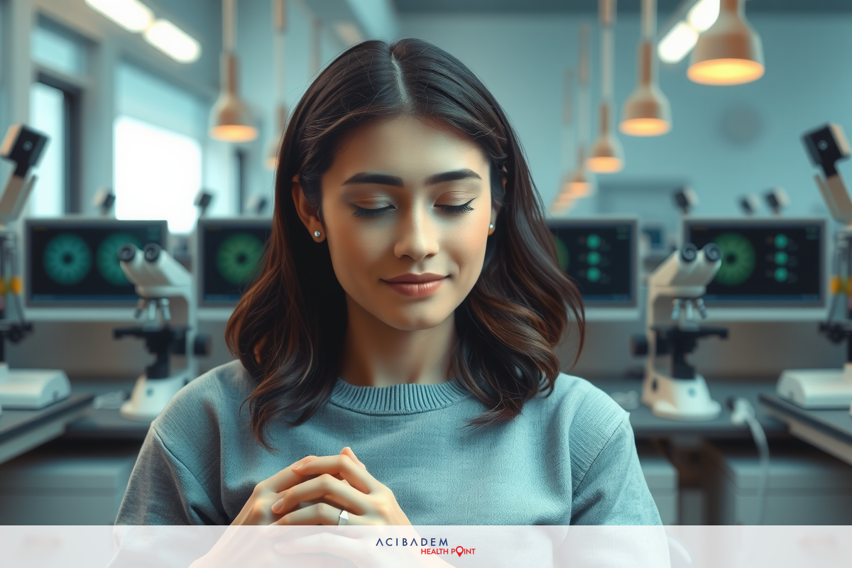 The image features a woman seated at a workstation in what appears to be a lab or research setting. She is wearing casual attire and has her hands together, perhaps deep in thought or contemplation.