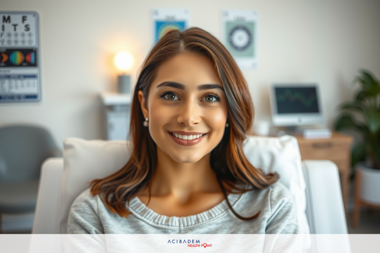 A young woman is smiling at the camera, sitting in an office environment with a white desk and chair.