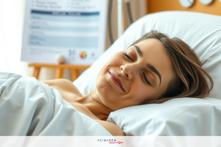 A woman in a hospital bed smiling, appearing to be asleep or resting. The room has a sign on the wall with medical information, and there are various medical monitoring devices.