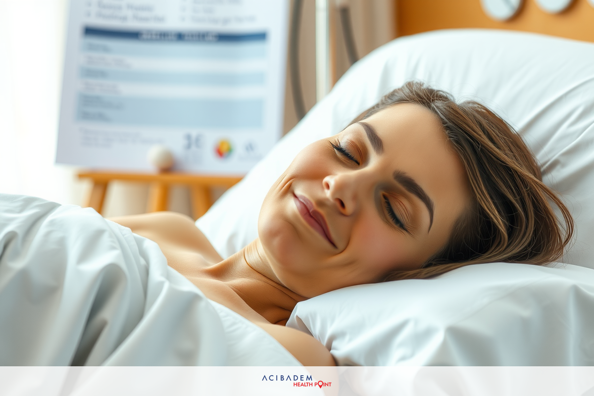 A woman in a hospital bed smiling, appearing to be asleep or resting. The room has a sign on the wall with medical information, and there are various medical monitoring devices.
