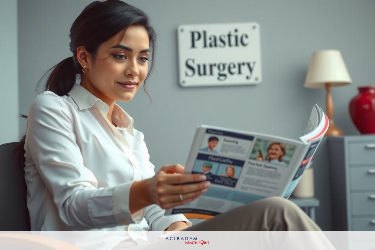 Woman sitting in an office chair reading a magazine. Her attire is professional, and she appears engaged with the content of the magazine. The magazine covers topics related to health or lifestyle.